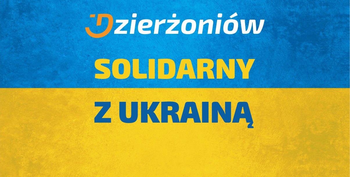 Napis Solidarni z Ukrainą i logo dzierżoniowa na tle flagi Ukrainy