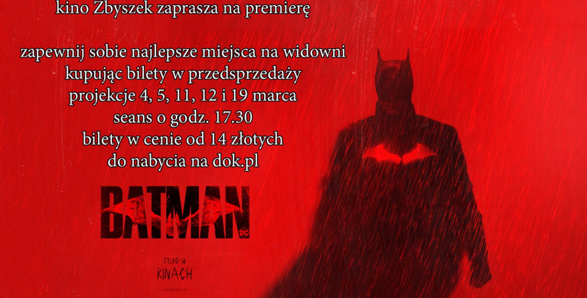 Grafika, czerwone tło i sylwetka filmowego Batmana