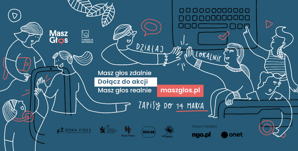 Grafika na niebieskim tle z rysunkami ludzi w różnych pozach