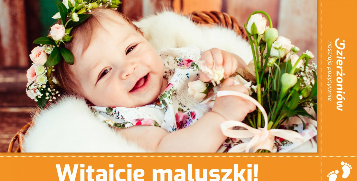 Mała dziewczynka w kwietnym wianku napis: Woitajcie maluszki, logo Dzierżoniowa