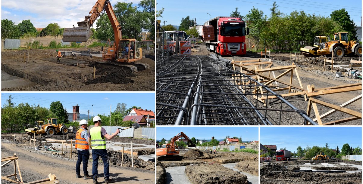 Kolaż pięciu zdjęc z placu budowy pokazującyh prace ziemne