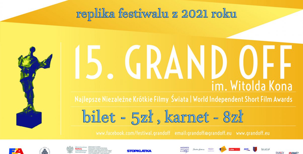 Plakat 15. Grand Off Festywal, statuetka na żółtym tle