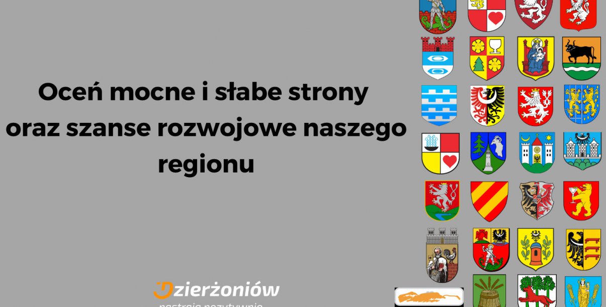 Herby kilkunastu miast na szarym tle i napis Oceń mocne i słabe strony