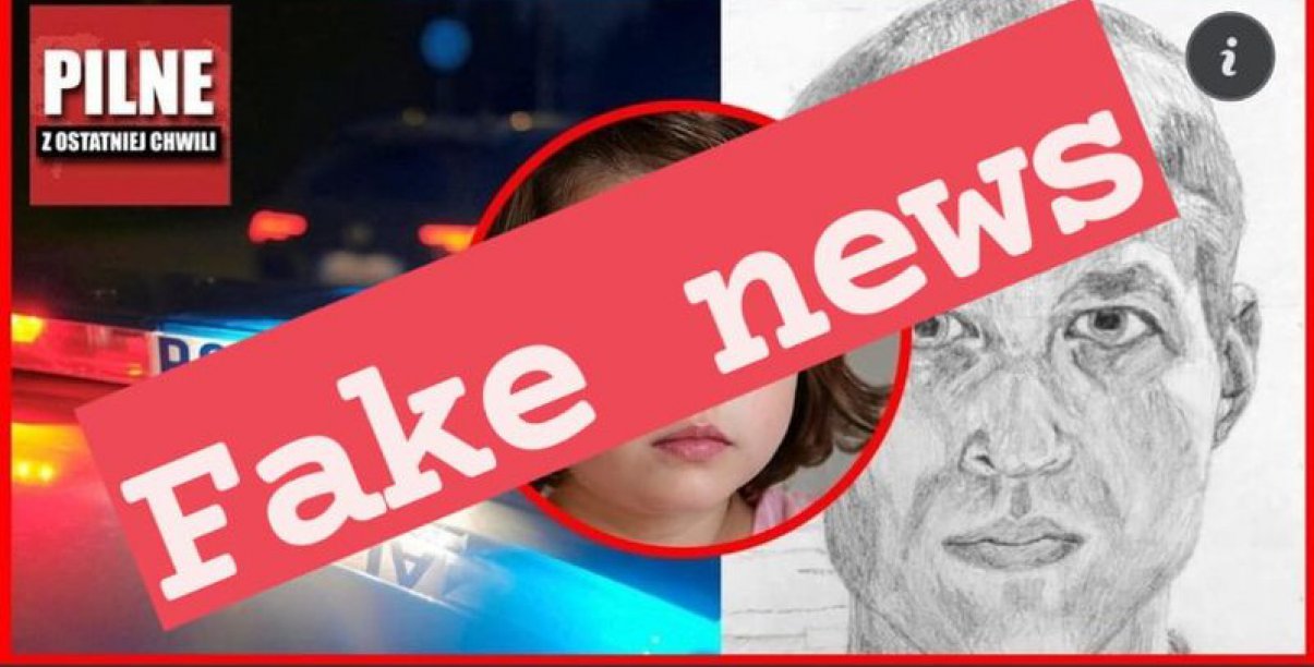 Rysunek twarzy mężczyzny zasłonięty napisem Fake Neews