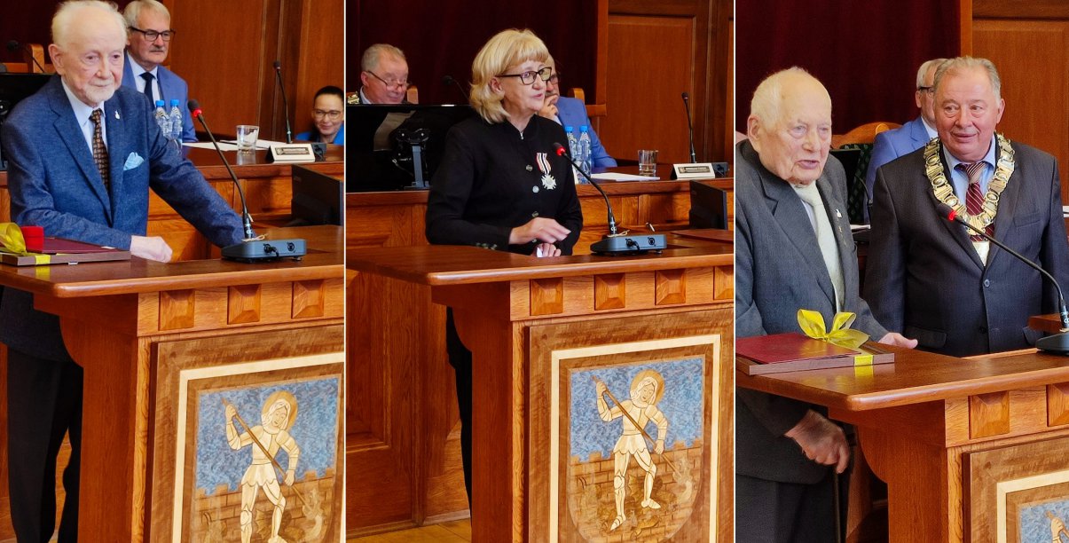 Kolaż trzech zdjęć - osoby stojące przy mówinicy