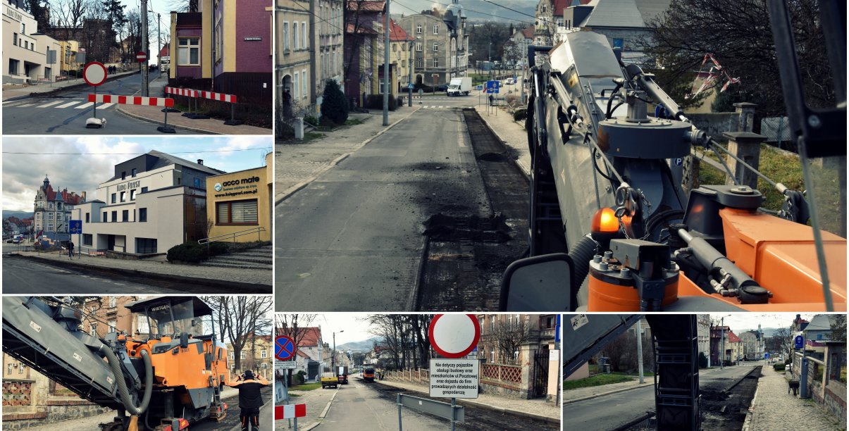 Kolaż zdjęć z remontu drogi i maszyny budowlane