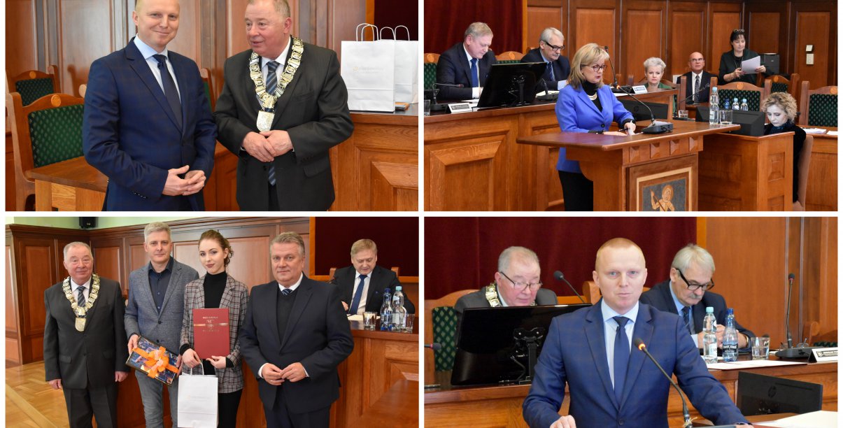 Kolaż zdjęć z przebiegu sesji Rady Miejskiej Dzierżoiowa