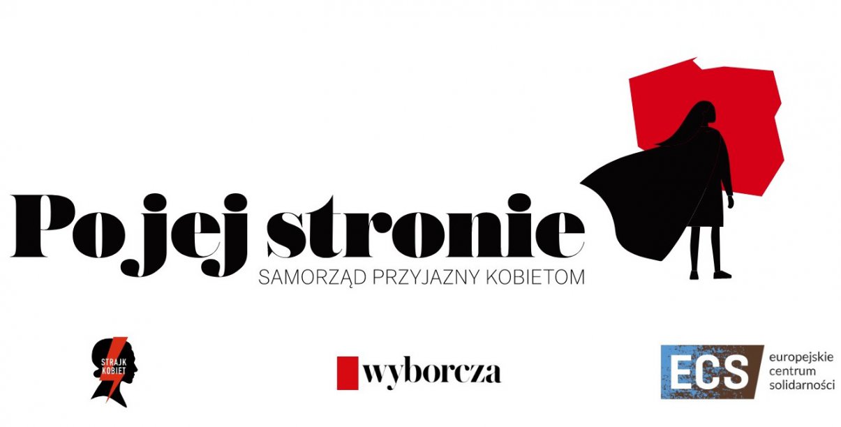 Grafika z napisem Po jej stronie obrysem Polski i rysunkiem kobiety w pelerynie