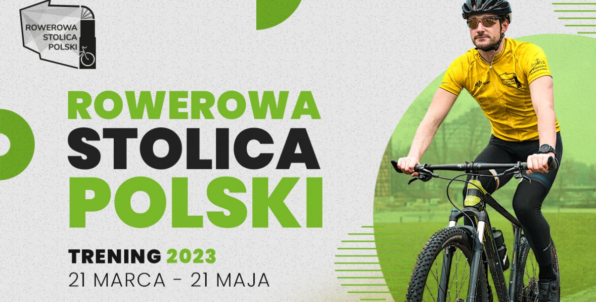 Rowerzysta w żółtej koszulce i napis Rowerowa Stolica Polski 