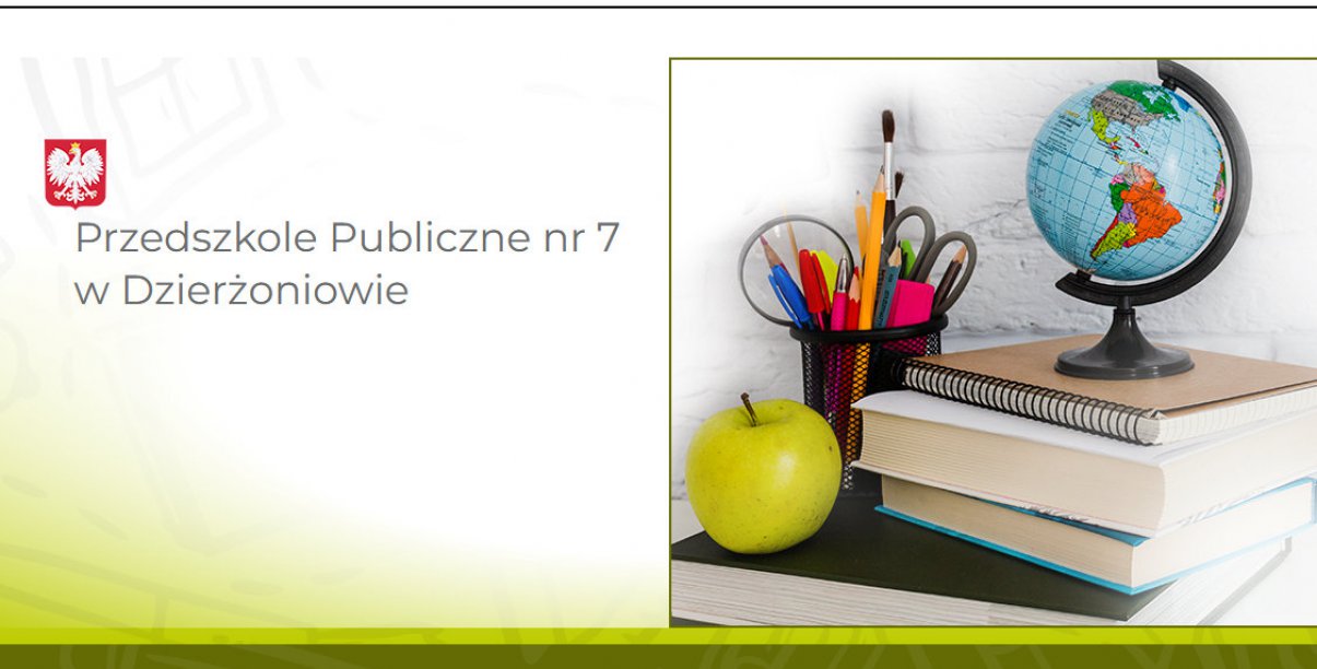 Grafika - nazwa przedszkola ze zdjęciem książek, gluobusu i jabłka