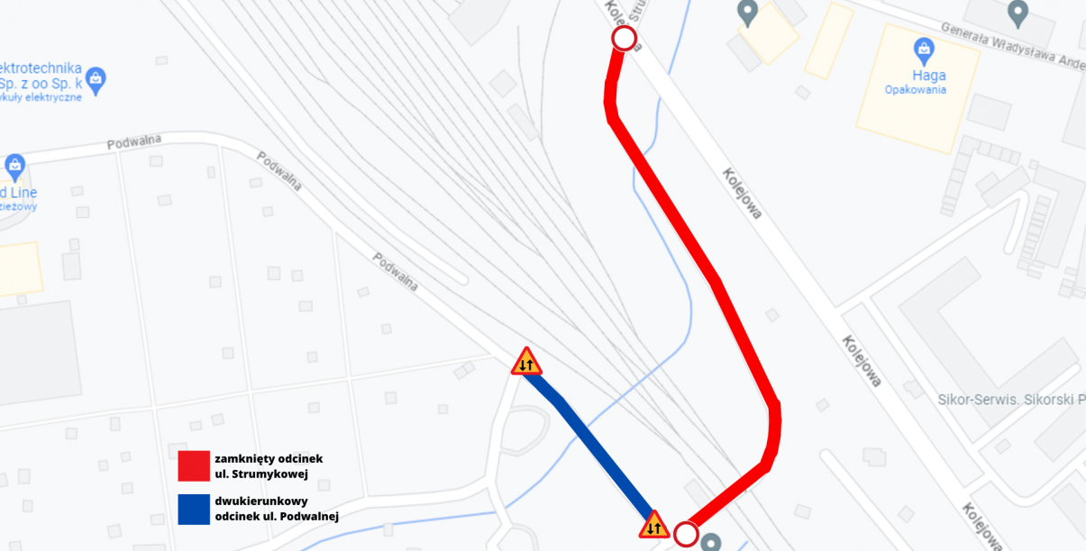 wycinek planu miasta z ul. Strumykową i Podwalną i zaznaczeniem odcina zamkniętego dla ruchu