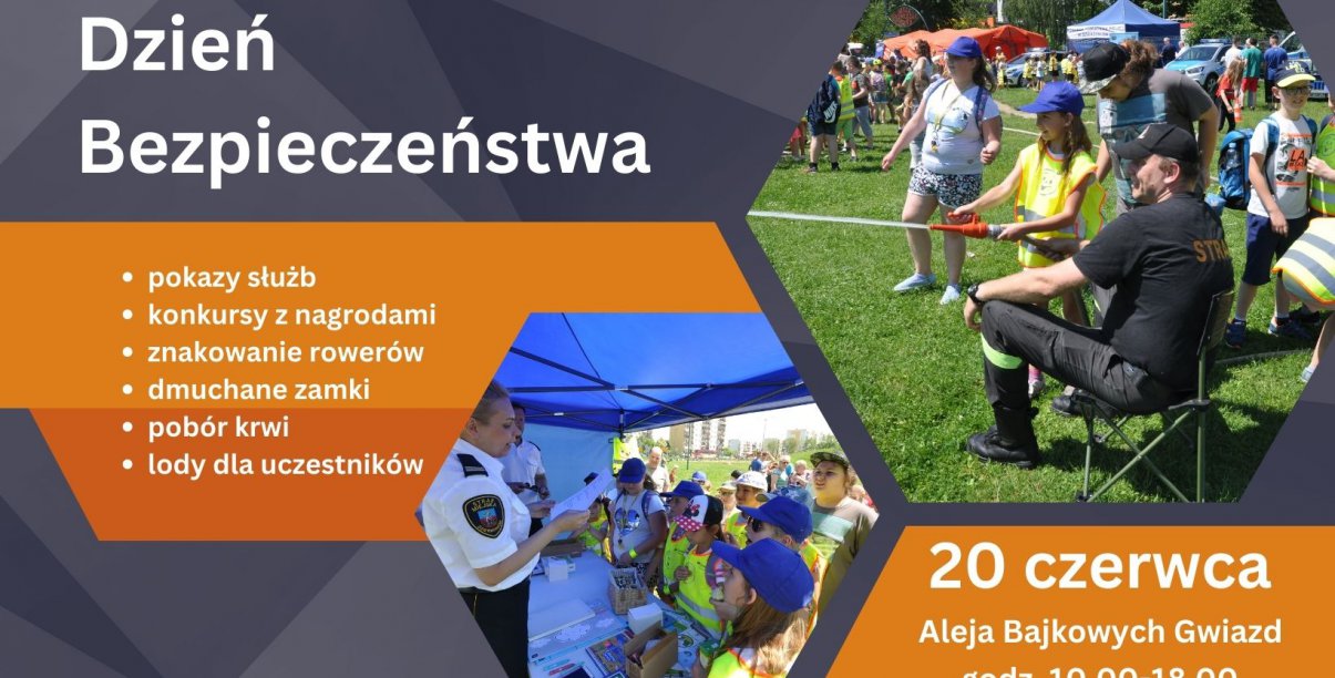 Grafika z informacjami podanymi w tekście i dwoma zdjęciami z festynów bezpieczeństwa