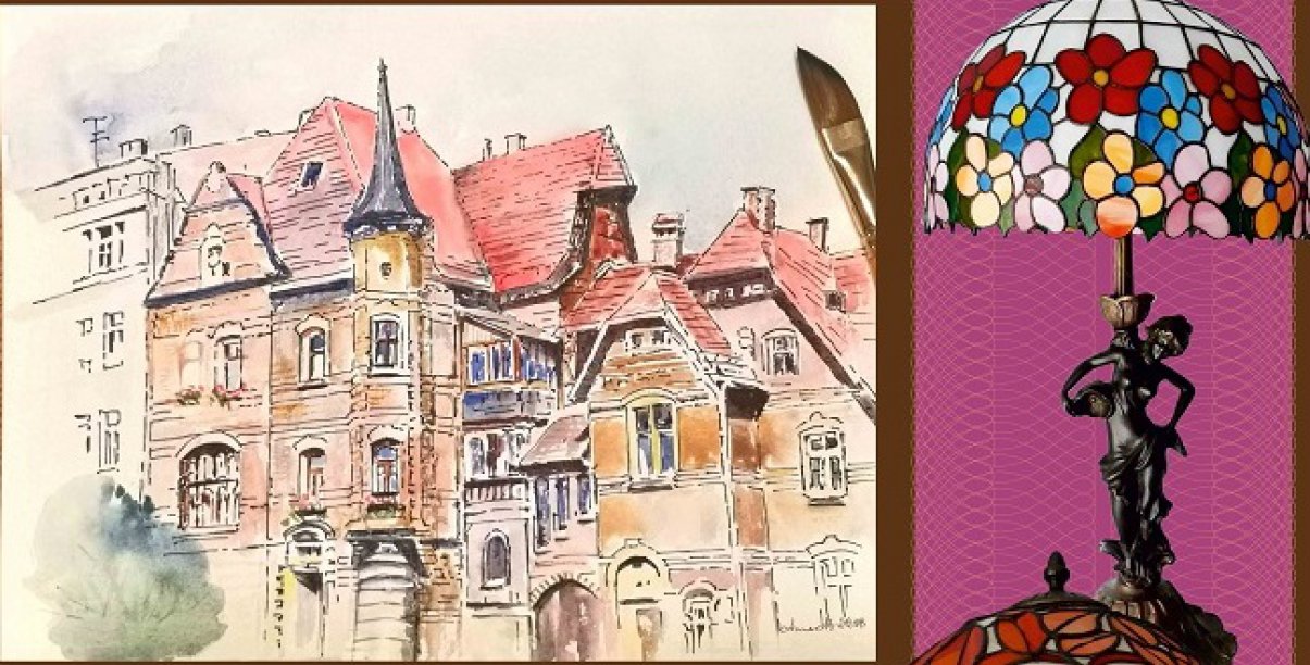 Grafika pastelowa ukazująca kamienice, po prawej kolrowa stara lampa