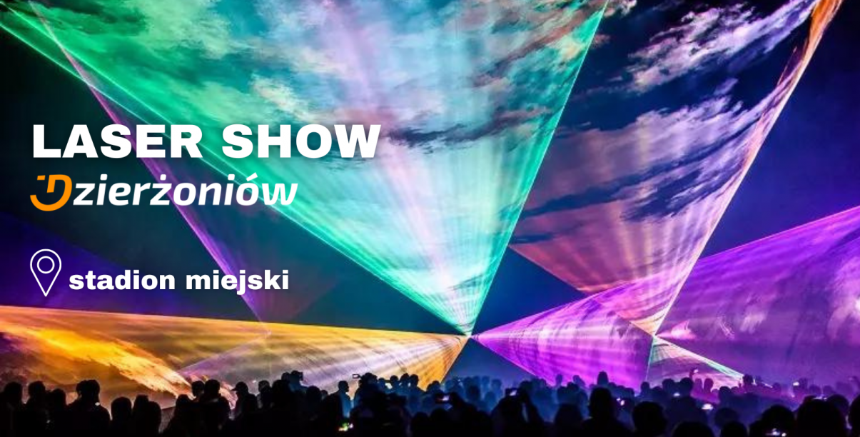 Napis Laser show na tle zdjęcia z pokazu laserowego 