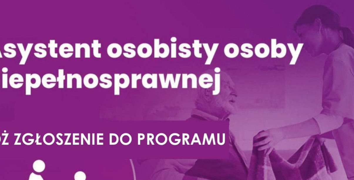 Grafika z fioletowym tłem i napisem Asystent osobisty osoby niepełnosprawnej 