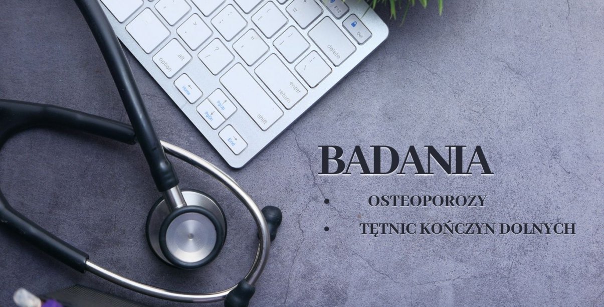 Stetoskop lekarski leżacy obok klawiatury i napis Badania osteoporozy 