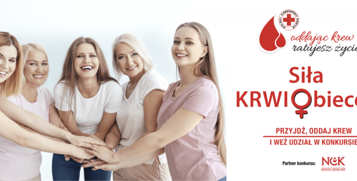Pięć uśmiechniętych kobiet trzymających się za ręce i napis Oddając Krew Ratujesz Życie 