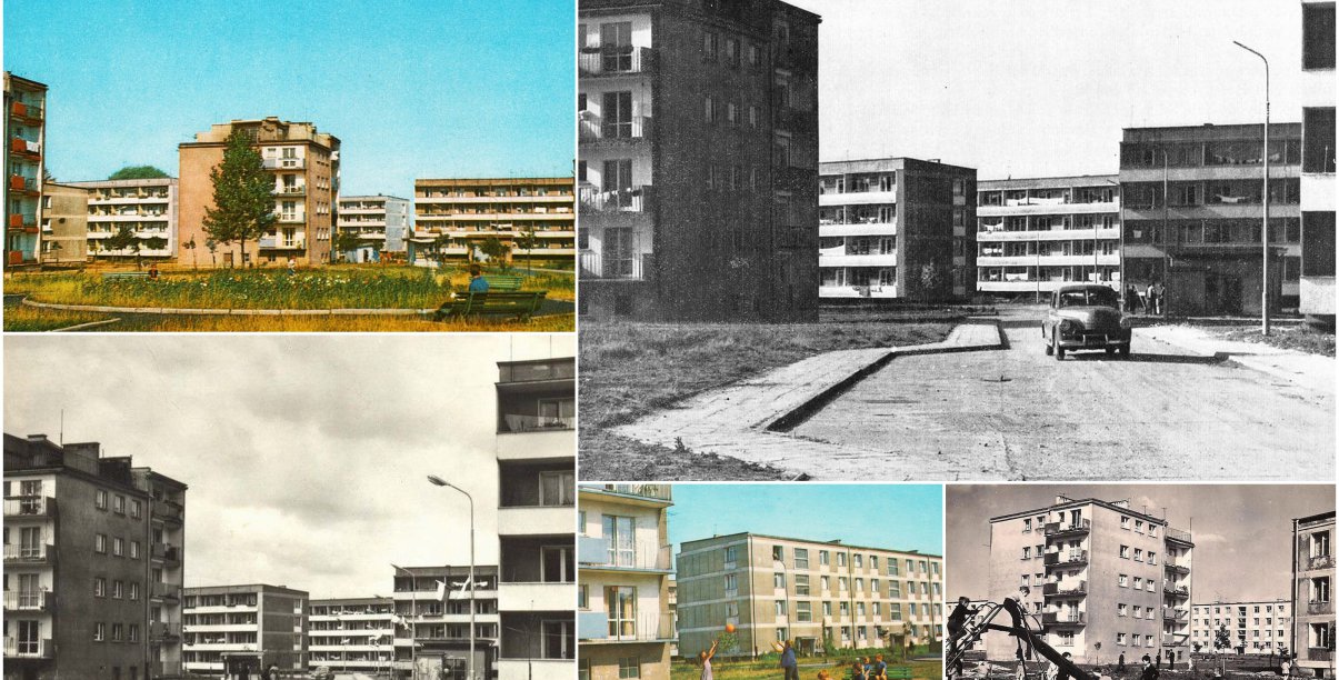 Kolaż zdjęć osiedla z lat 60-tych, częśc zdjęc kolorowa, bloki i tereny zielone