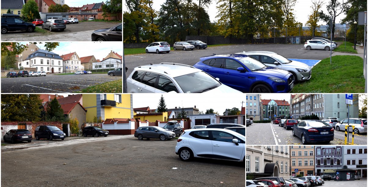 Kolaż zdjeć parkingów i zaparkowanych samochodów