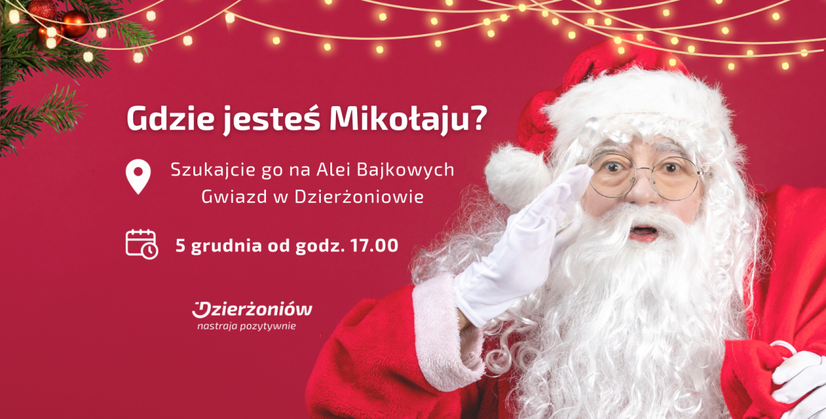 Mikołaj w okularach i białych rękawiczkach, czerwone tło 