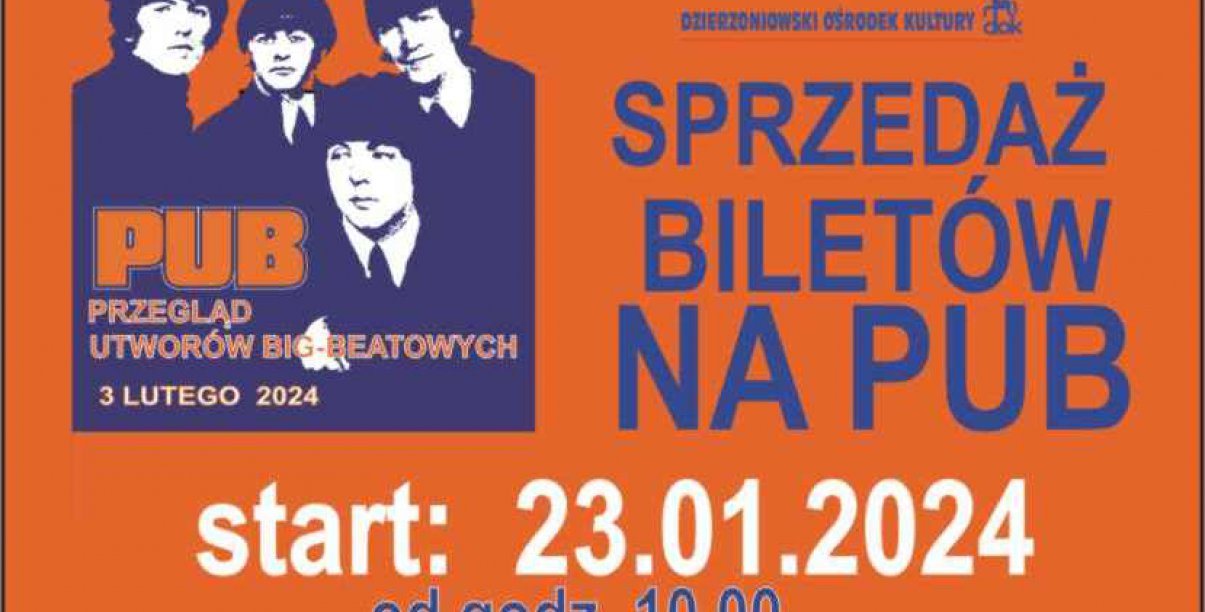 Grafika z pomarańczowym tłem, zdjęciem Beatlesów i napisem sprzedaż biletów