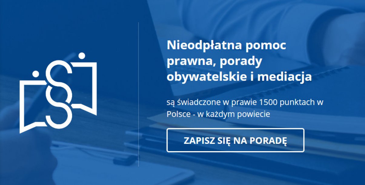 Grafika z niebieskim tłem i napisem Bezpłatna Pomoc Prawna