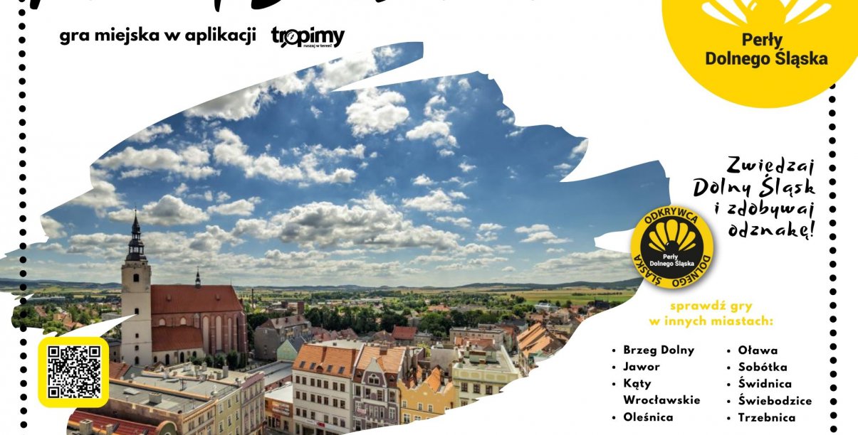 Grafika ze zdjęciem miasta z lotu ptaka, białym tłem i napisem Poznaj Dzierżoniów