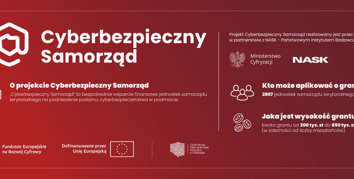 Grafika z bordowym tłem i napisem Cyberbezpieczny samorząd