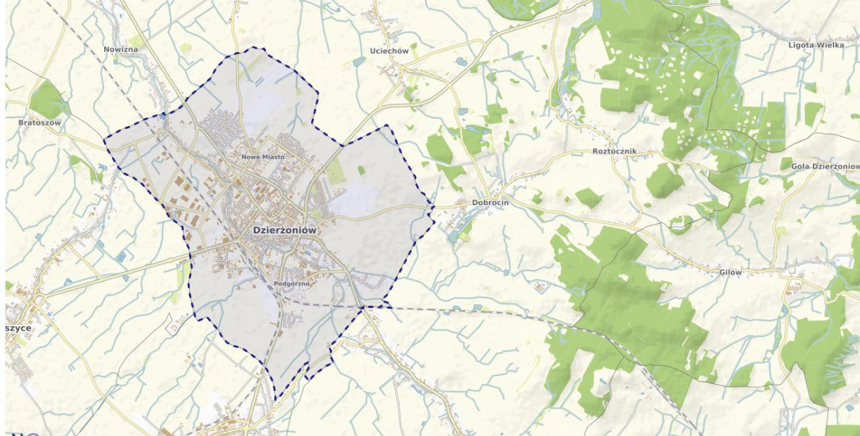 Mapa z obrysem granic Dzierżoniowa 