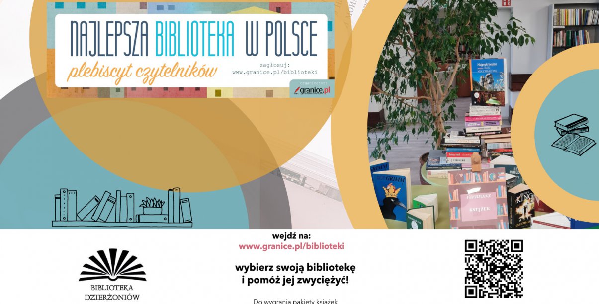 Grafika ze zdjęciem dzierżoniowskiej biblioteki z kodem QR do głosowania w plebiscycie na nalepszą bibliotekę w Polsce