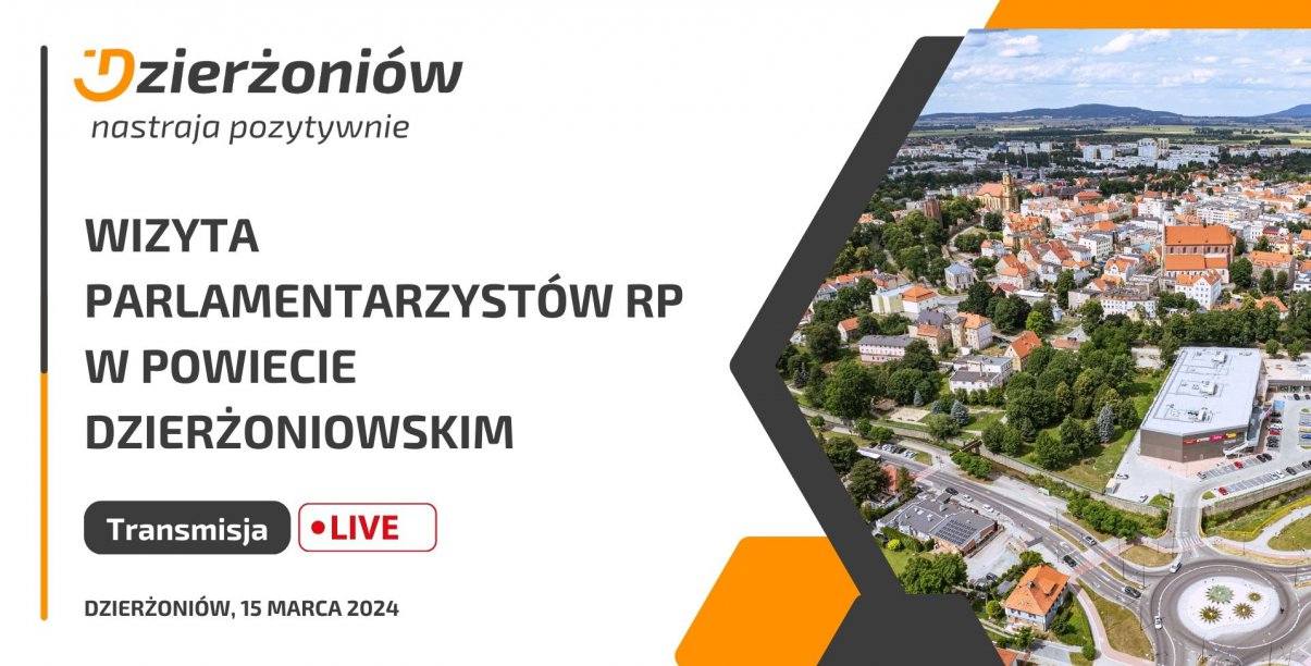 Logo Dzierżoniowa, napis "Wizyta Parlamentarzystów w Powiecie Dzierżoniowskim", obo zdjęcie miast z lotu ptaka