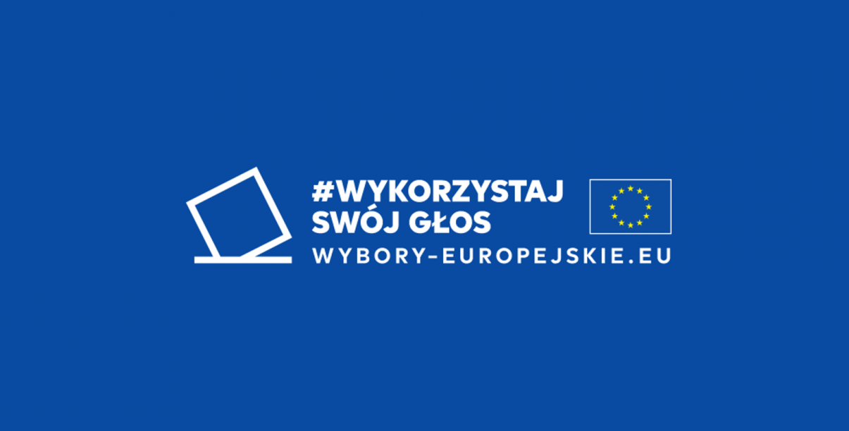 Grafika - niebieskie tło i biały napis Wykorzystaj Swój Głos - wybory europejskie