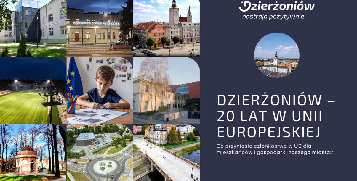 Kolaż różnych zdjęć i napis Dzierżoniów 20 lat w Unii Europejskiej