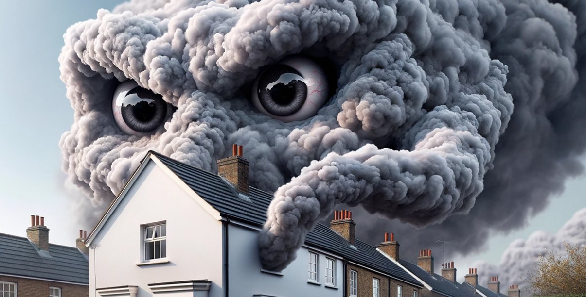 Grafika komputererowa. Dom z którego wydobywa się gęsty szary dym tworzący twarz nad dachem domu