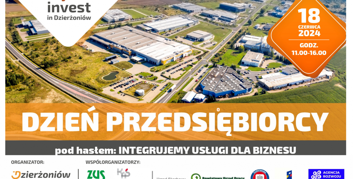 Grafika ze zdjędciem zakłądów przemysłowych z góry i napis Dzień Przedsiebiorcy