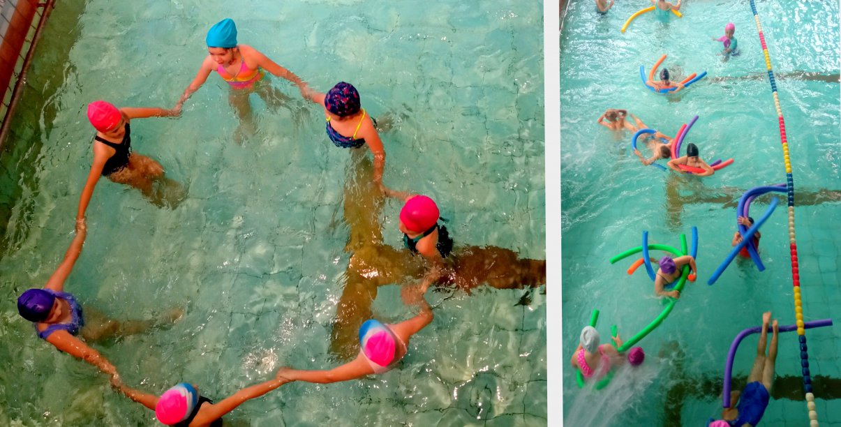 Dwa połączone zdjęcia dzieci pływających w krytym basenie