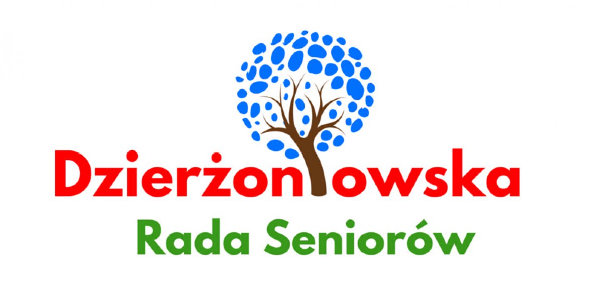 Logo rady seniorów - rysunek drzewa, niebieskie liście, czerwony napis Dzierżoniowska, zielonym Rada Seniorów