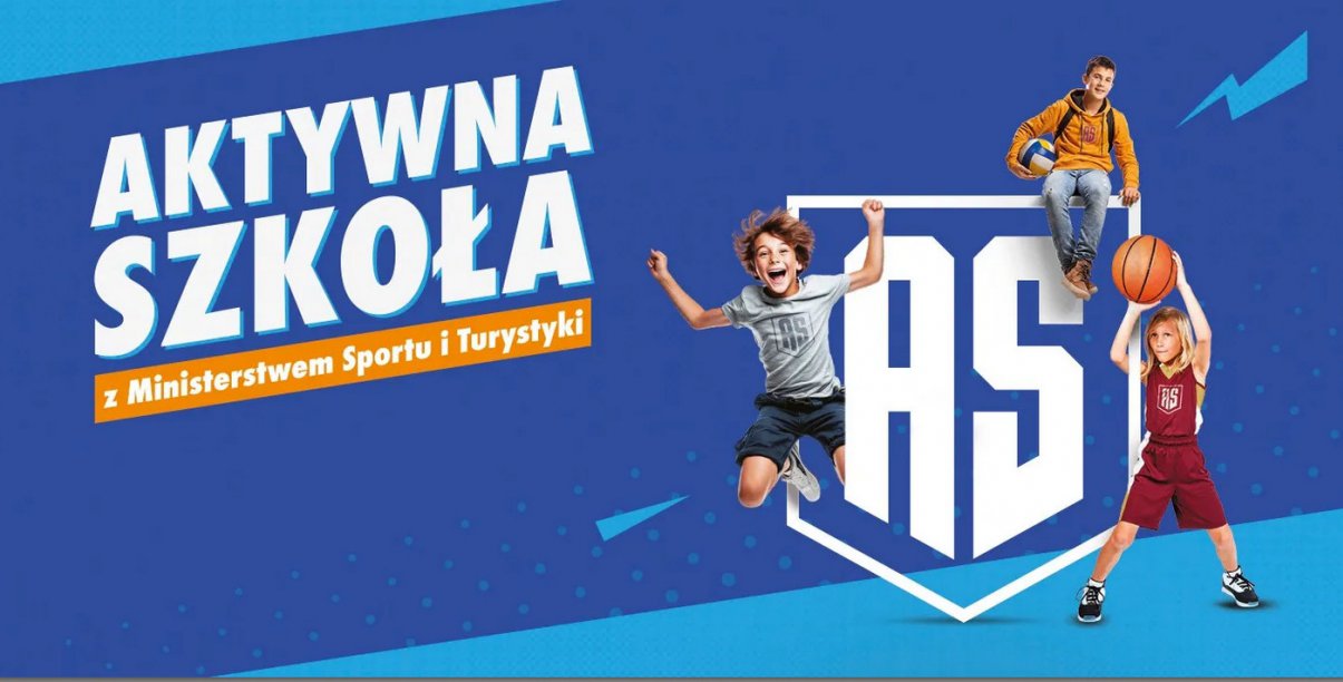 Grafika - granatowe i niebieskie tło, napis Aktywna Szkoła i zdjećia trzech młodych uczniów w strojach sportowych