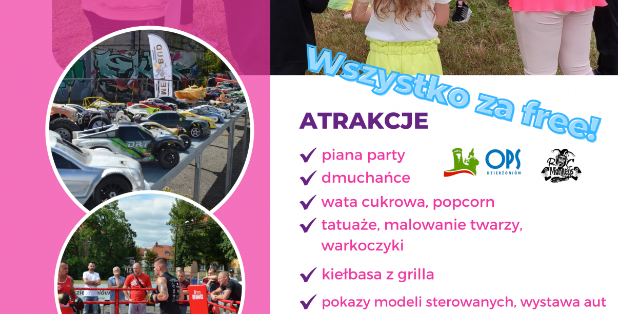 Grafika - napis 3 sierpnia Piknik Rodzinny, obok zdjęcie dzieci podczas zabawy