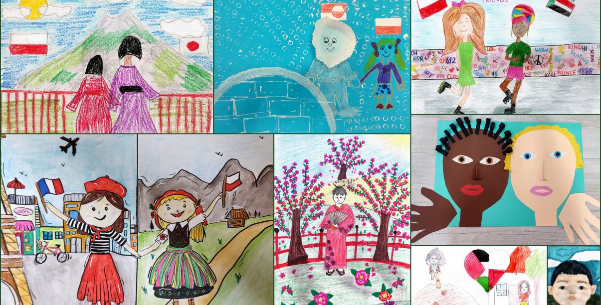 Kolaż djęć przedstawiające różne kolorowe rysunki wykonane przez uczniów