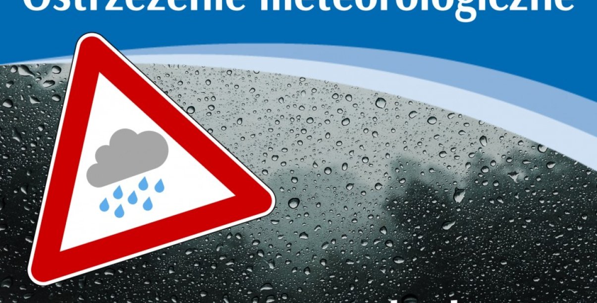 Grafika ze znakiem drogowym z churą deszczową i napis Ostrzeżenie meteorologiczne