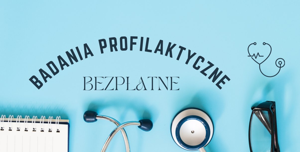 Stetoskop, okulary i notatnik na jasnobłękitnym tle i napis Bezpłatne badania profilaktyczne