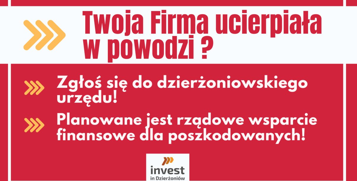 Grafika, czerwone tło, napis Twoja Firma ucierpiała w powodzi?