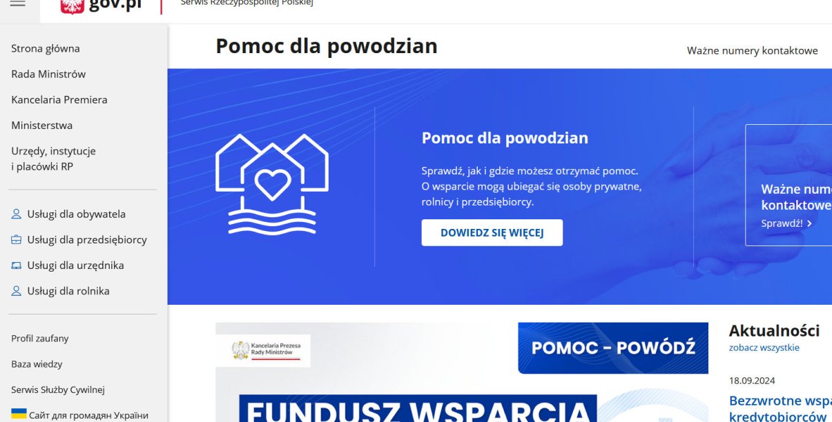 Fragment strony interenetowej z herbem Polski i napisem Pomoc dla powodzian