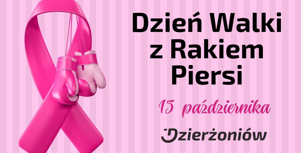 Różowa wstążka na niej różowe rękawice bokserskie, z prawej napis Dzień Walki z Rakiem Piersi 15 października