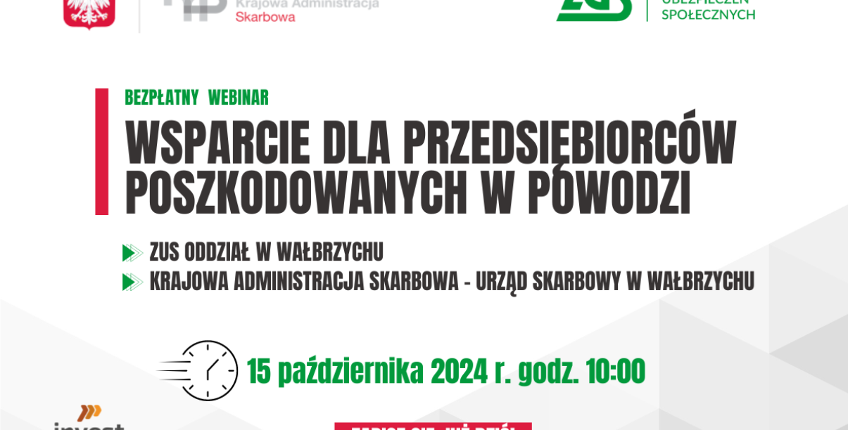 Wsparcie dla przedsiębiorców poszkodowanych w powodzi – Szkolenie ZUS i Urzędu Skarbowego. Termin 15 października 2024, godz. 10:00, Webinarium (Cisco Webex Meeting). Zastosowano grafikę dekoracyjną.