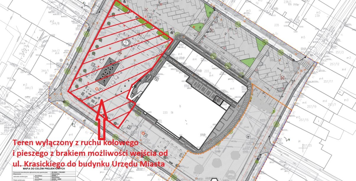 mapka poglądowa rynku z zaznaczonym na czerwono obszarem niedostępnym dla ruchu pieszego