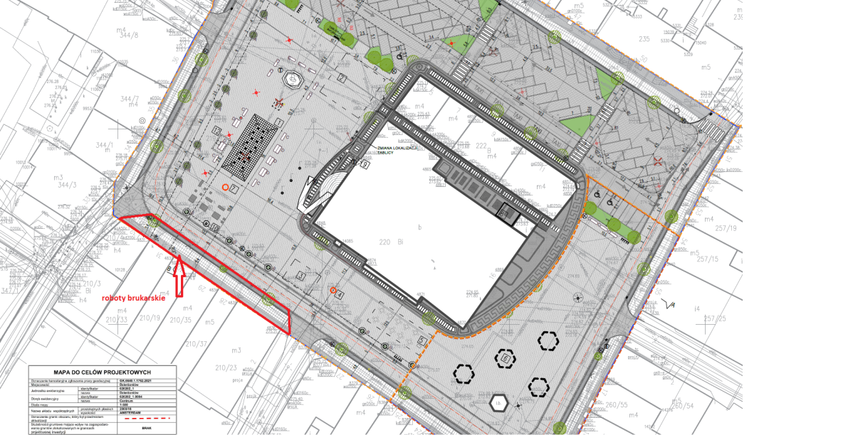 Projekt przebudowy rynku z zaznaczonym miejscem wykonywania prac