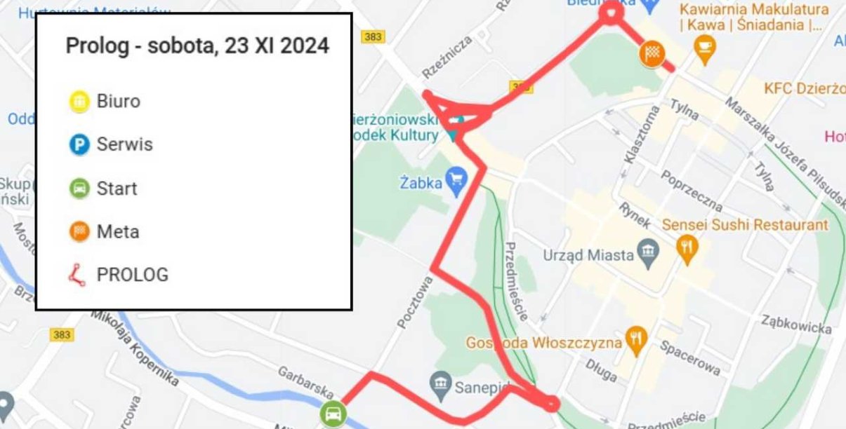 Mapa centrum Dzierżoniowa z zaznaczoną na czerwono trasą przejazdu samochodów rajdowych