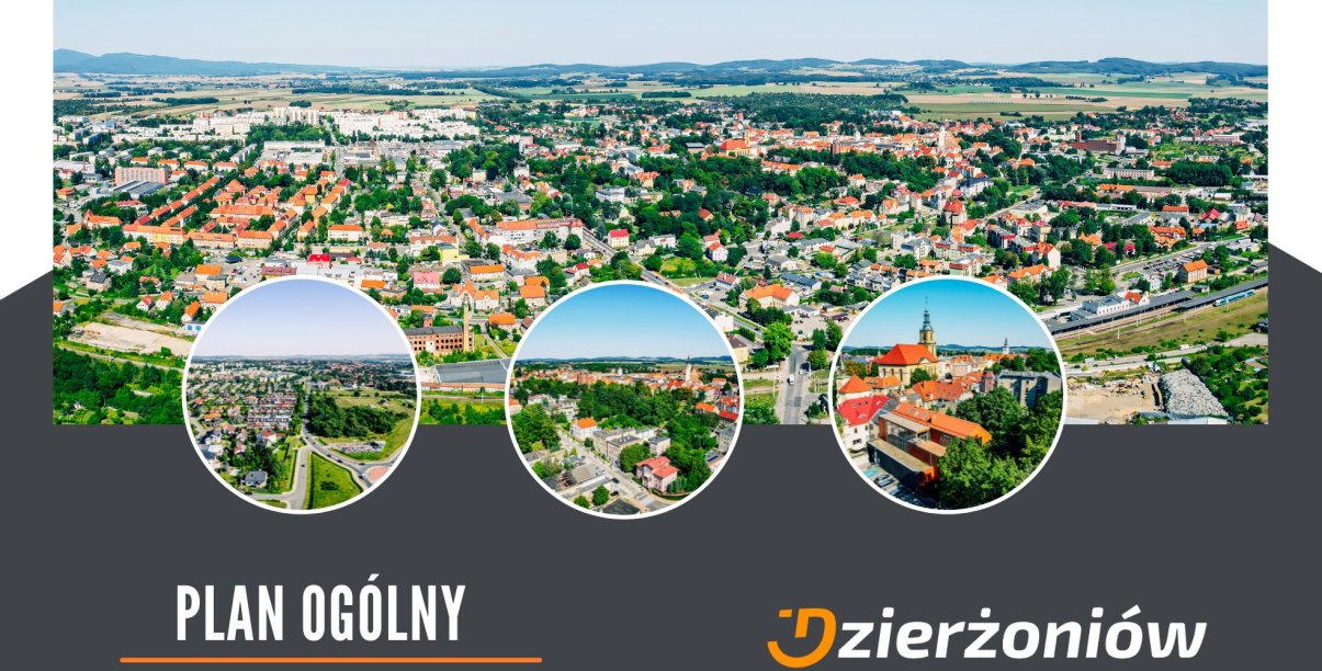 Grafika ozdobna ze zdjęciami Dzierżoniowa z lotu ptaka